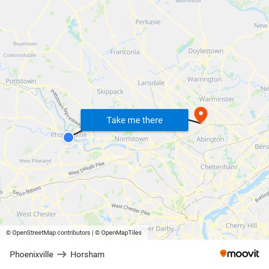 Phoenixville to Horsham map