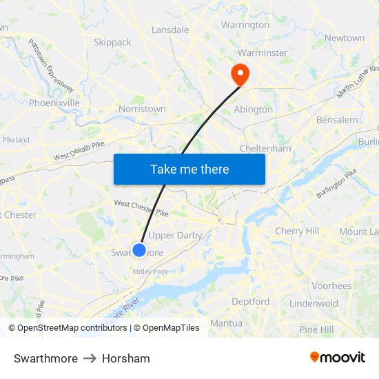 Swarthmore to Horsham map