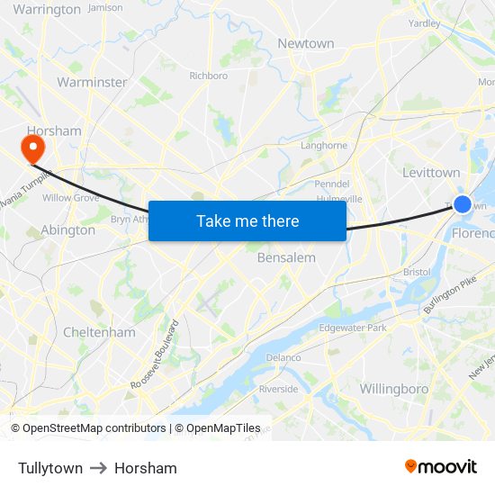 Tullytown to Horsham map