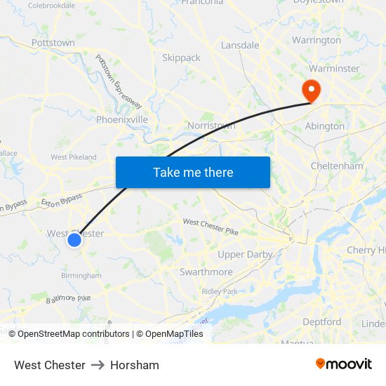 West Chester to Horsham map