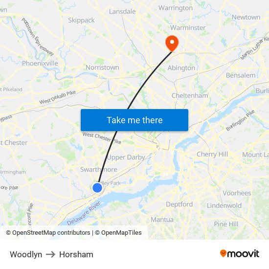 Woodlyn to Horsham map