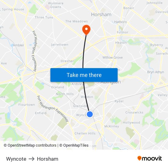 Wyncote to Horsham map