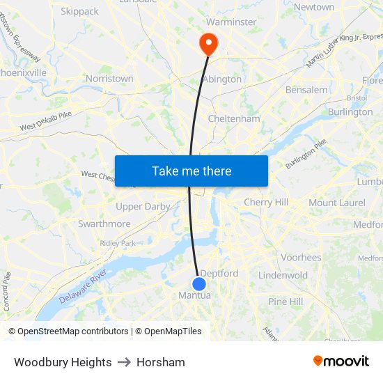 Woodbury Heights to Horsham map