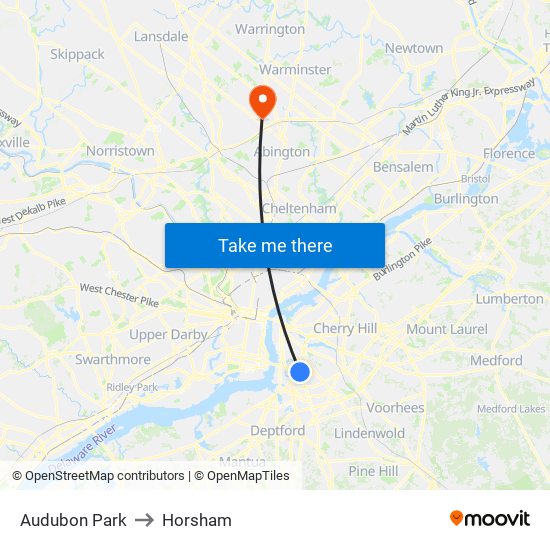 Audubon Park to Horsham map