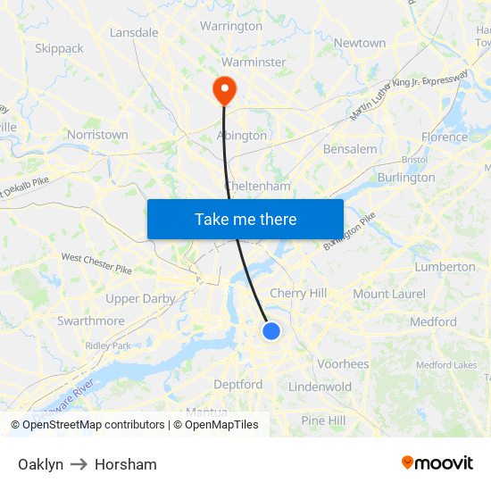 Oaklyn to Horsham map
