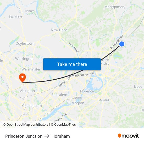 Princeton Junction to Horsham map