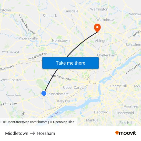 Middletown to Horsham map