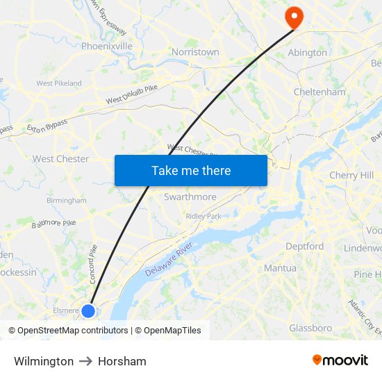 Wilmington to Horsham map