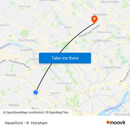 Haverford to Horsham map