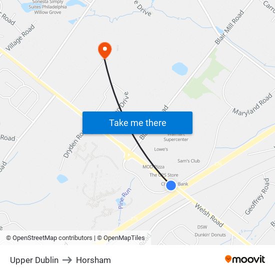 Upper Dublin to Horsham map