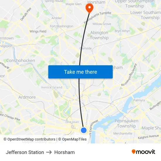 Jefferson Station to Horsham map