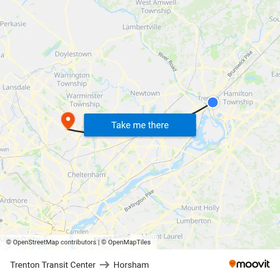 Trenton Transit Center to Horsham map