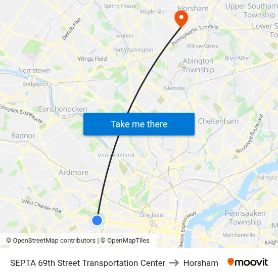 SEPTA 69th Street Transportation Center to Horsham map