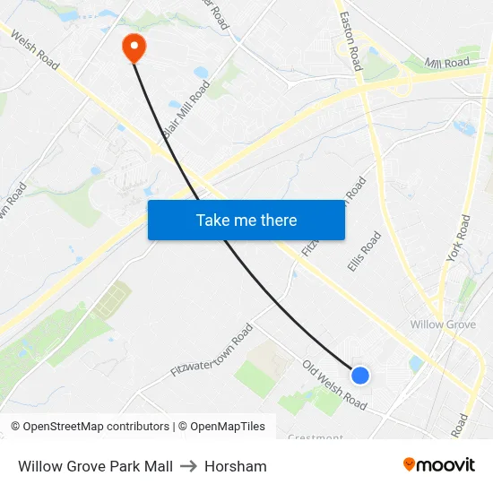 Willow Grove Park Mall to Horsham map