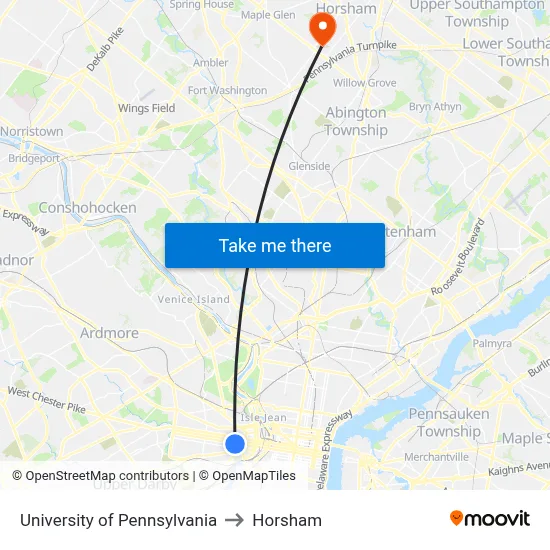 University of Pennsylvania to Horsham map
