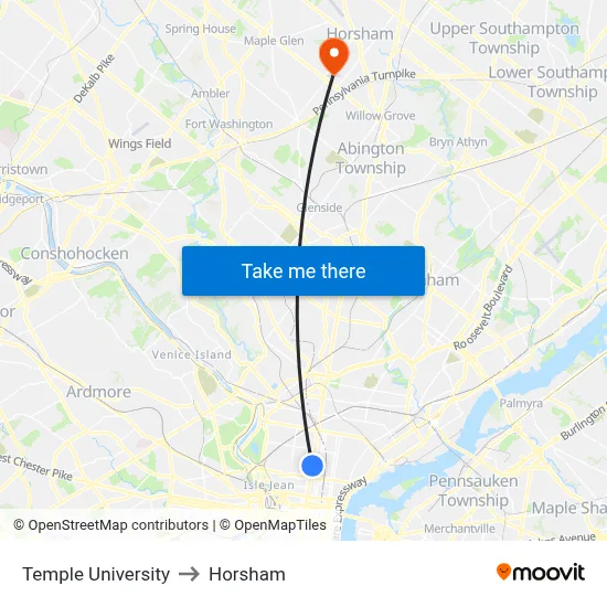 Temple University to Horsham map