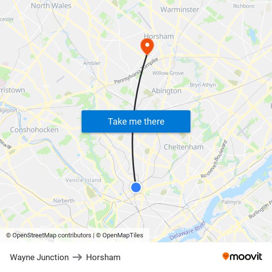 Wayne Junction to Horsham map