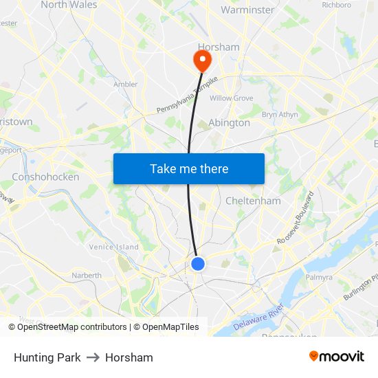 Hunting Park to Horsham map