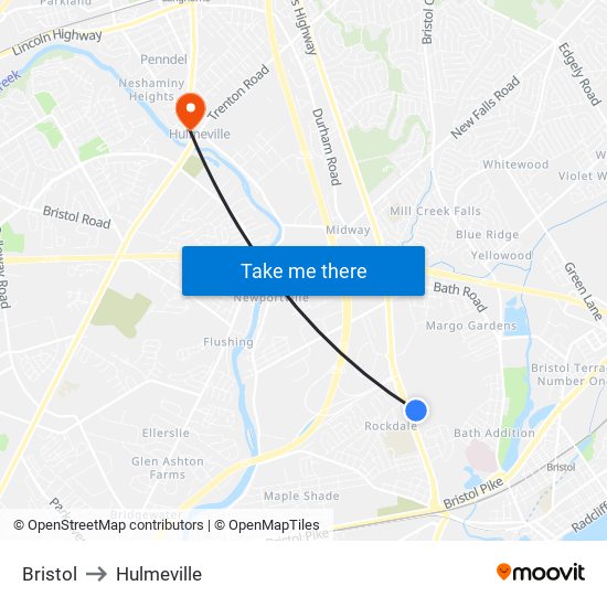 Bristol to Hulmeville map