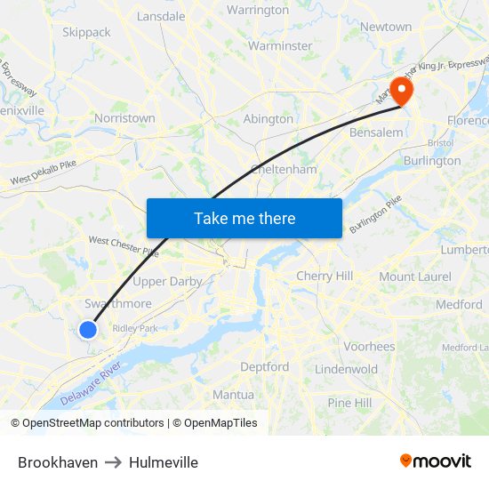 Brookhaven to Hulmeville map