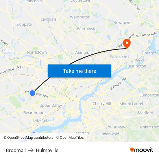 Broomall to Hulmeville map