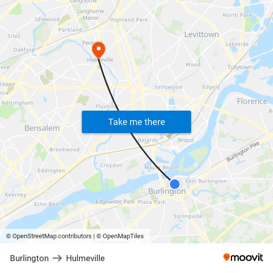 Burlington to Hulmeville map