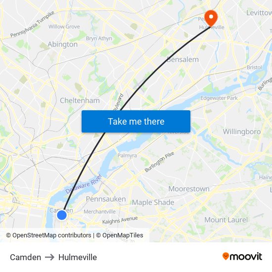 Camden to Hulmeville map