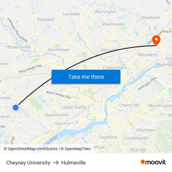 Cheyney University to Hulmeville map