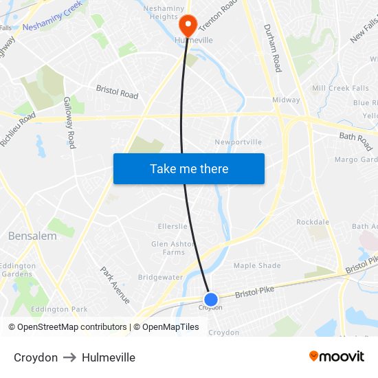 Croydon to Hulmeville map