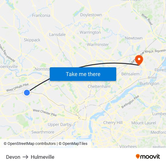Devon to Hulmeville map