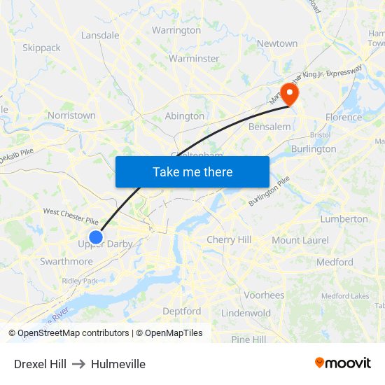Drexel Hill to Hulmeville map