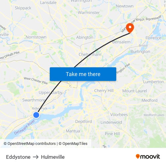 Eddystone to Hulmeville map