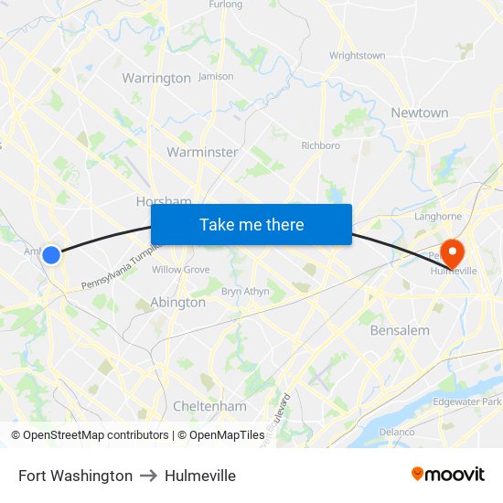 Fort Washington to Hulmeville map