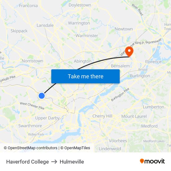 Haverford College to Hulmeville map