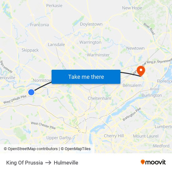 King Of Prussia to Hulmeville map