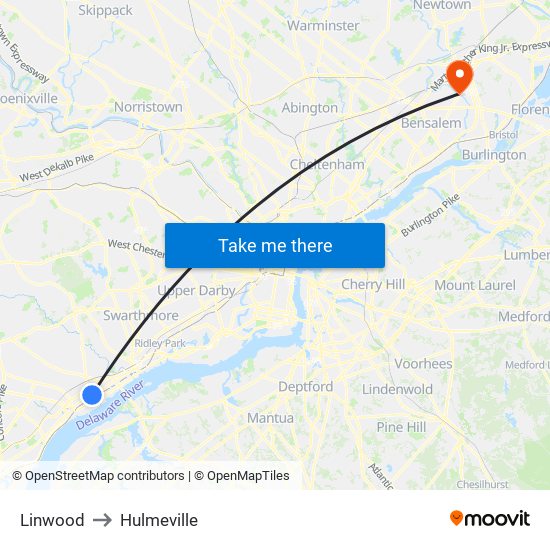 Linwood to Hulmeville map