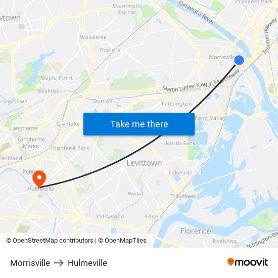 Morrisville to Hulmeville map