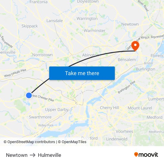 Newtown to Hulmeville map