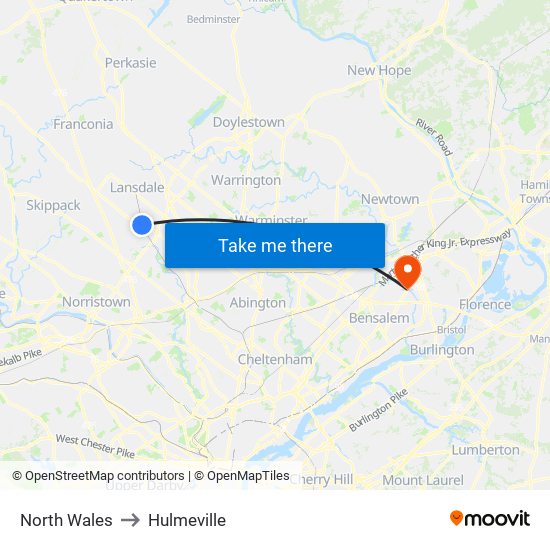 North Wales to Hulmeville map