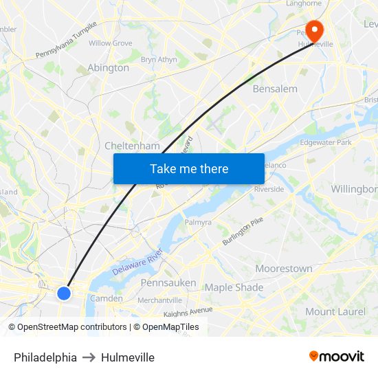 Philadelphia to Hulmeville map