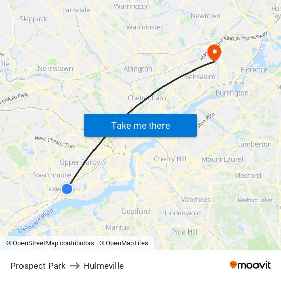 Prospect Park to Hulmeville map
