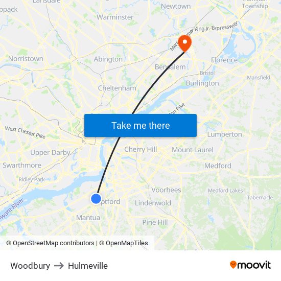 Woodbury to Hulmeville map