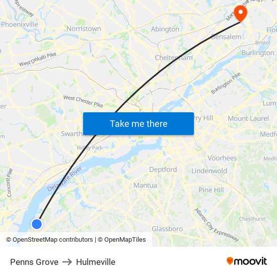 Penns Grove to Hulmeville map