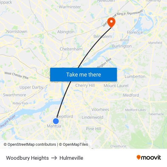 Woodbury Heights to Hulmeville map