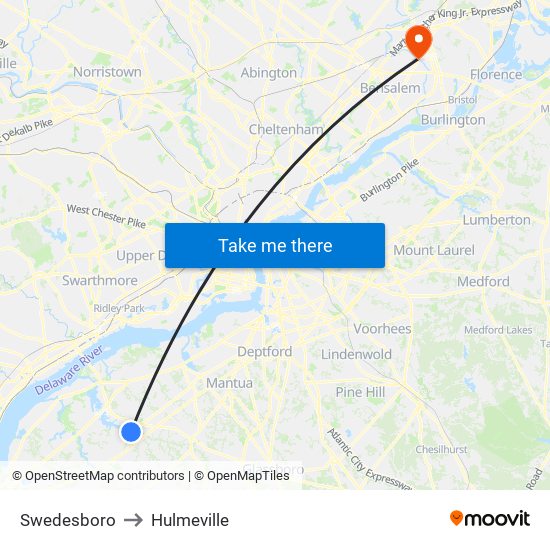 Swedesboro to Hulmeville map