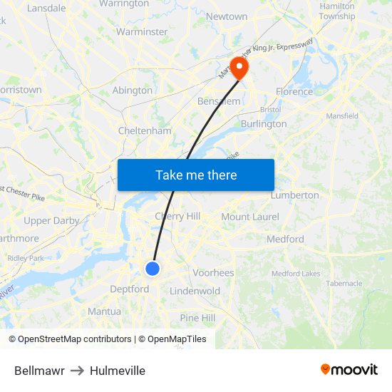 Bellmawr to Hulmeville map