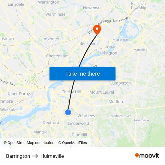 Barrington to Hulmeville map