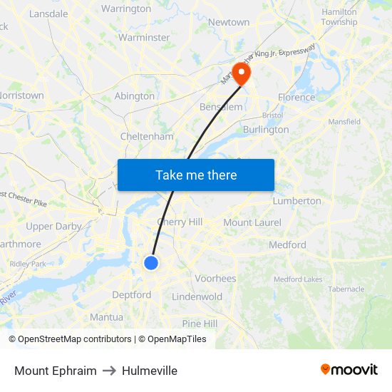 Mount Ephraim to Hulmeville map