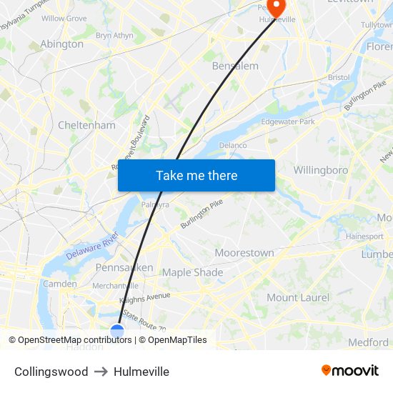 Collingswood to Hulmeville map