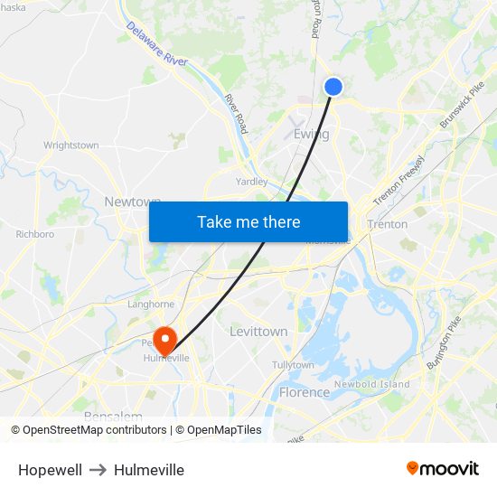 Hopewell to Hulmeville map